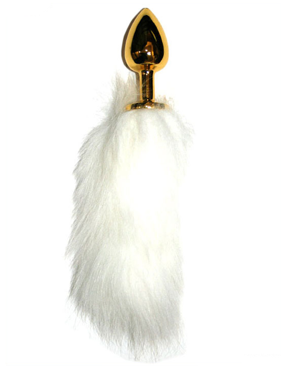 Анальная пробка с белым хвостиком, золотая, длина хвоста 20 см, 30x70 мм